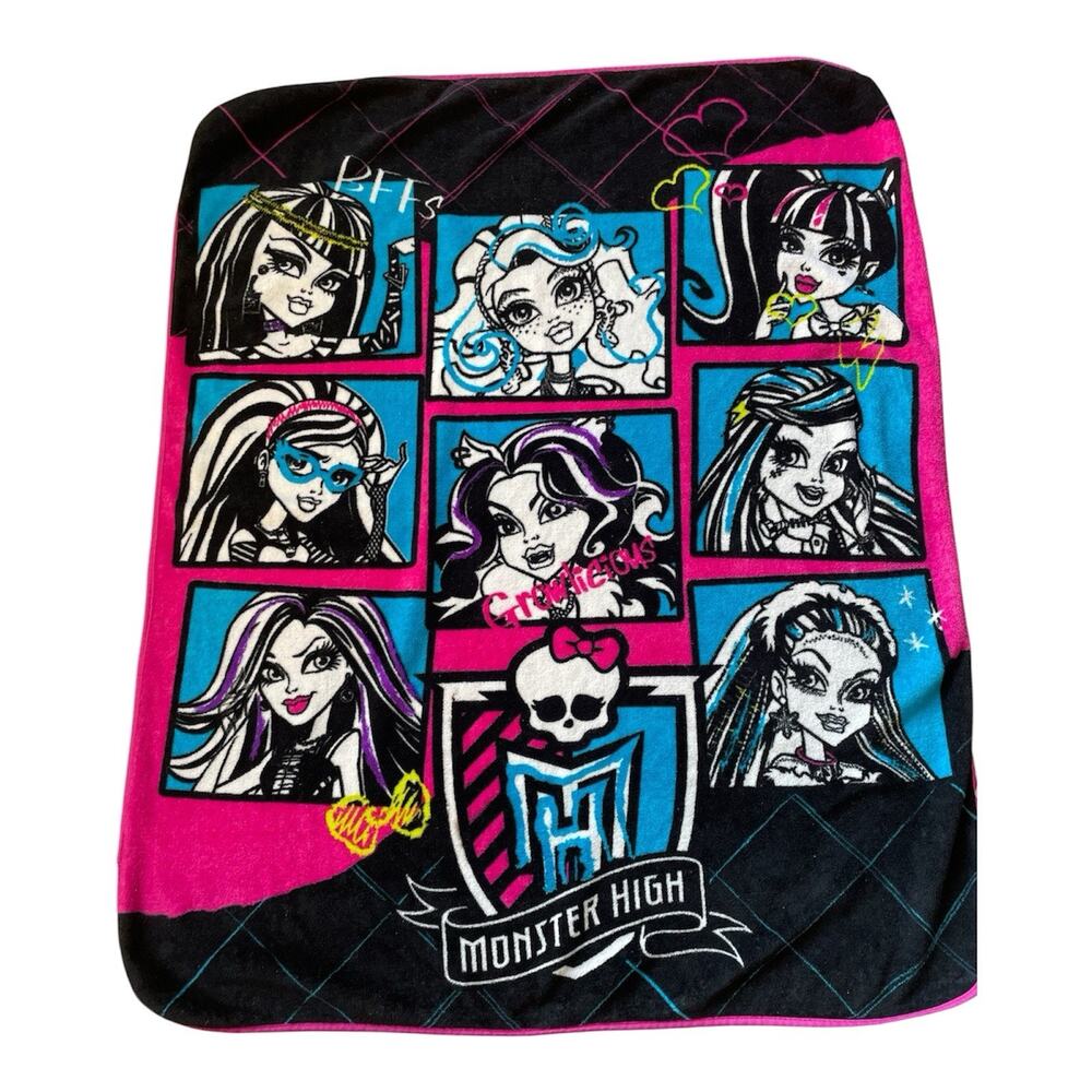Vintage Monster High Doll Fleece Blanket Throw Mattel 54”x44” Black Pink 2012